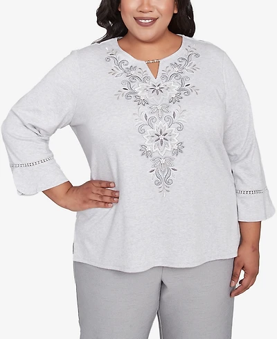 Alfred Dunner Plus Size Estate of Mind Embroidered Scroll Bell Sleeve Top