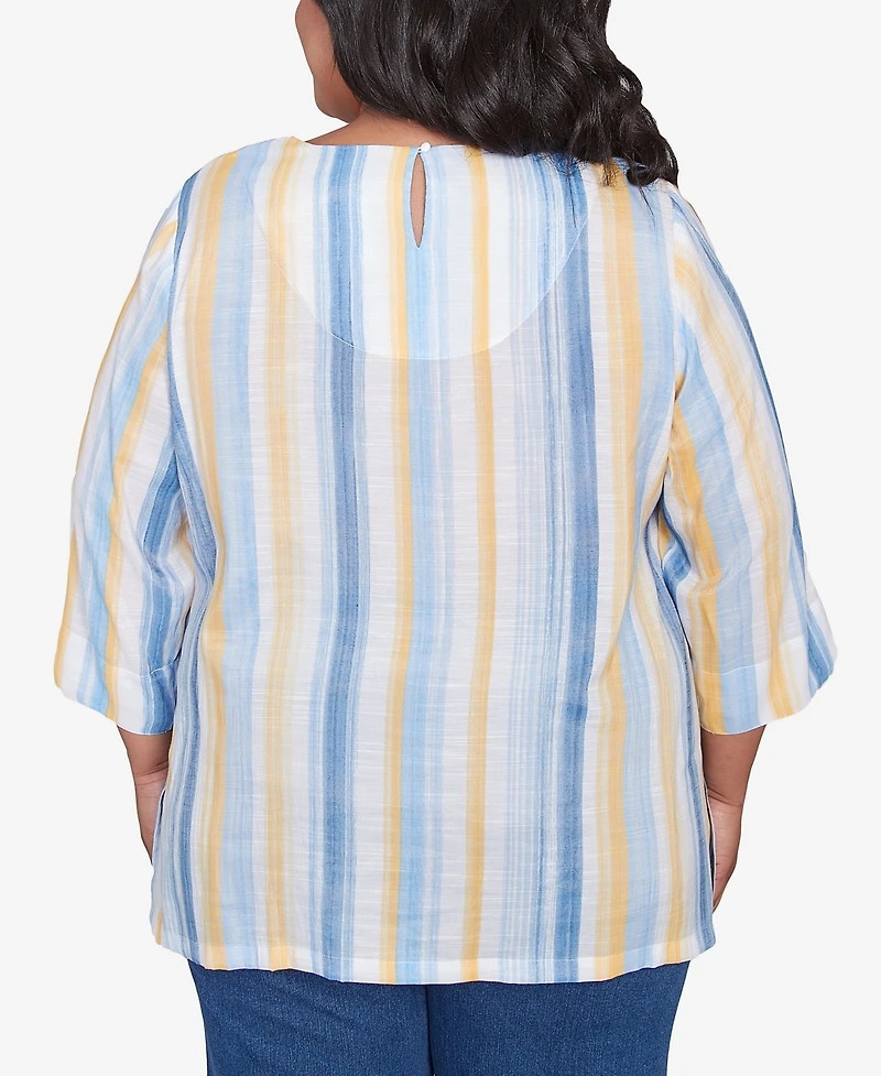 Alfred Dunner Plus Size Flower Power Striped Flower Detail Button Front Top