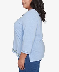 Alfred Dunner Plus Size Flower Power Embroidered Daisy Split Neckline Top