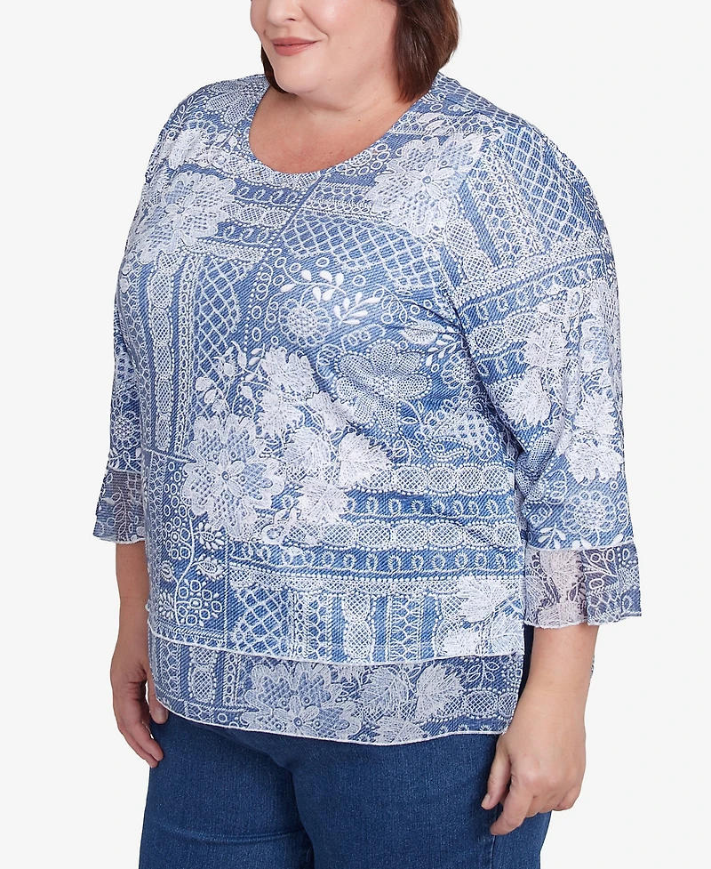 Alfred Dunner Plus Flower Power Lacey Floral Patchwork Crew Neck Top