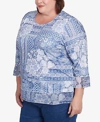 Alfred Dunner Plus Flower Power Lacey Floral Patchwork Crew Neck Top