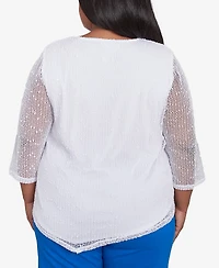 Alfred Dunner Plus Parrot Cay Popcorn Mesh Crew Neck Top with Necklace