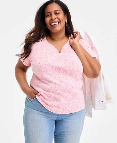Style & Co Plus Printed Henley Short-Sleeve Top, Exclusively at Macy's