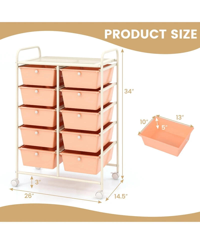 10-Drawer Rolling Storage Cart Spacious and Portable Storage Organizer for Home or Office