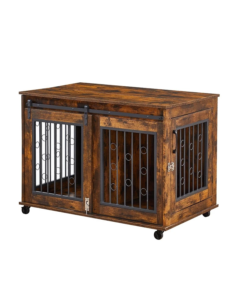 Sliding Door Dog Cage with Partition for Two Puppies Brown
