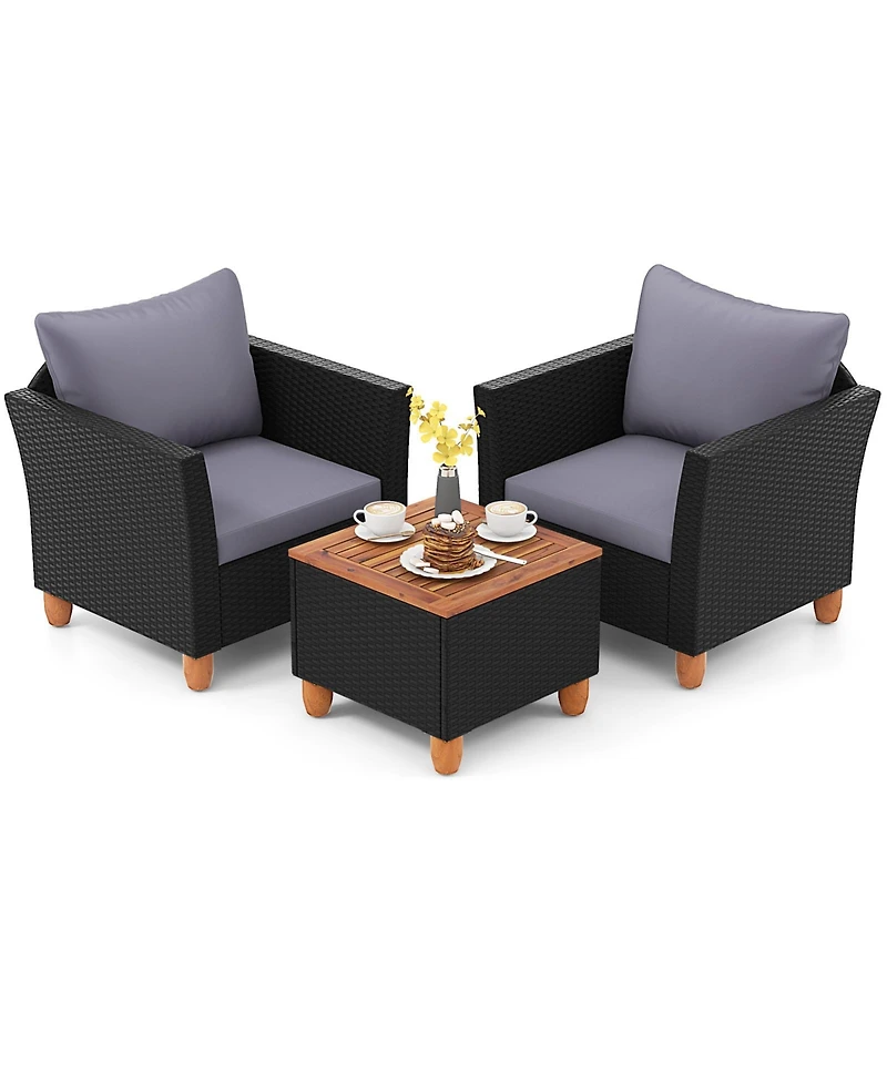 3 Pieces Outdoor Patio Wicker Furniture Set with Cushions and Acacia Wood Coffee Table