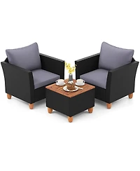 3 Pieces Outdoor Patio Wicker Furniture Set with Cushions and Acacia Wood Coffee Table