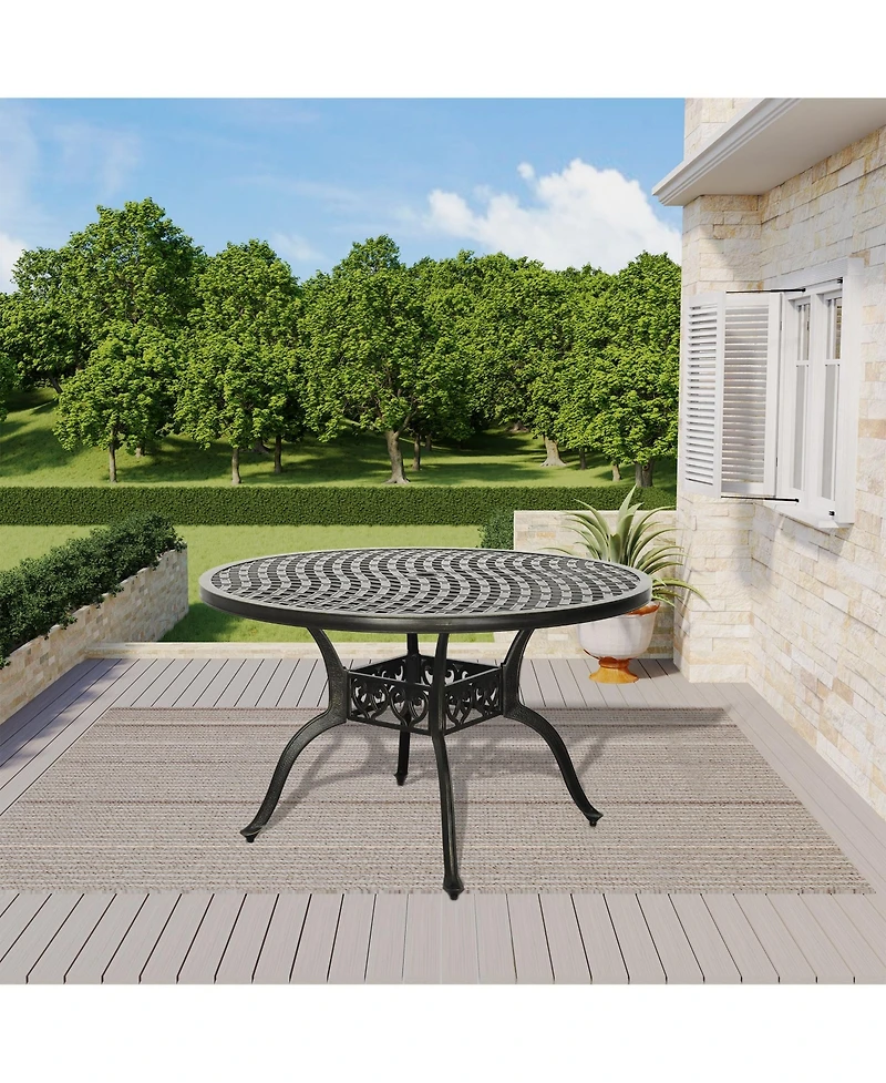 47 Inches Outdoor Dining Table Cast Aluminium Round Patio with Umbrella Hole All Weather Bistro for Backyard Garden P