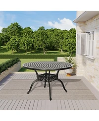 47 Inches Outdoor Dining Table Cast Aluminium Round Patio with Umbrella Hole All Weather Bistro for Backyard Garden P