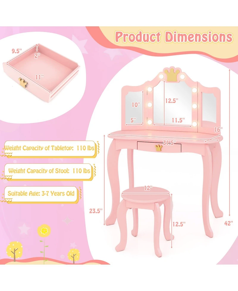 Kids Vanity Set with Tri-Fold Lighted Mirror, Detachable Top, and Stool Fun Dressing Table for