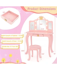 Kids Vanity Set with Tri-Fold Lighted Mirror, Detachable Top, and Stool Fun Dressing Table for