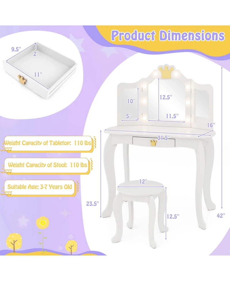 Kids Vanity Set with Tri-Fold Lighted Mirror, Detachable Top, and Stool Fun Dressing Table for