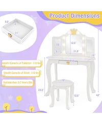 Kids Vanity Set with Tri-Fold Lighted Mirror, Detachable Top, and Stool Fun Dressing Table for