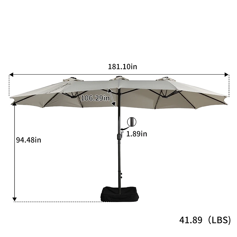 15 Ft Double-Head Patio Umbrella with Base Included Large Outdoor Solar Detachable Lights Rectangular Crank Market
