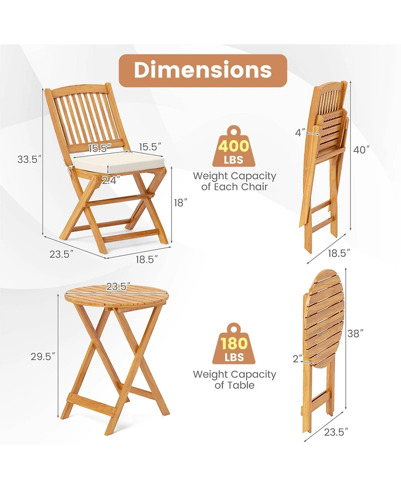 3-Piece Patio Folding Bistro Set with Soft Cushions Compact and Stylish Outdoor Furniture