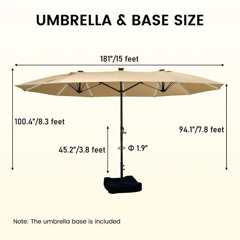 15 ft Patio Umbrellas with Solar Lights 12 Led Strip Umbrella Rib, Double-Sided Market Base Included, Grey