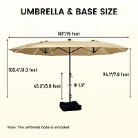 15 ft Patio Umbrellas with Solar Lights 12 Led Strip Umbrella Rib, Double-Sided Market Base Included, Grey