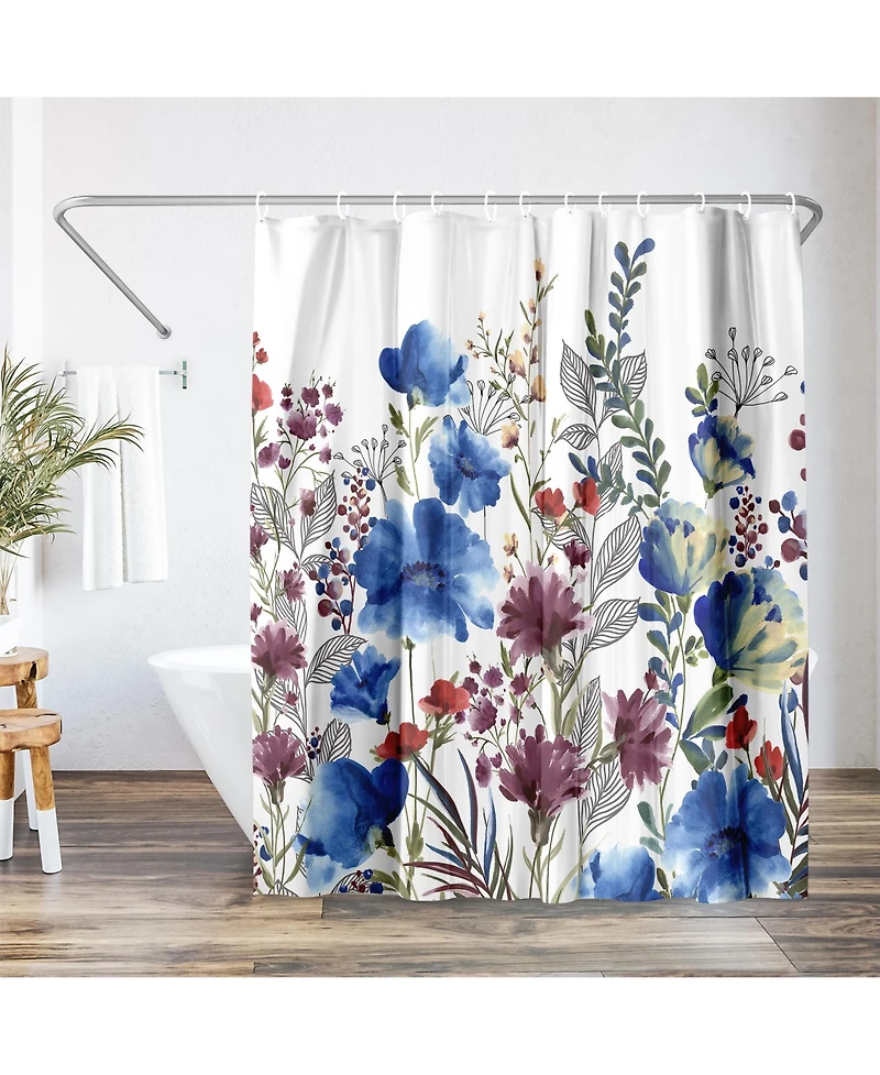 71x74 Blue Floral Shower Curtain - 100% Polyester - Water-Resistant Bath Curtain
