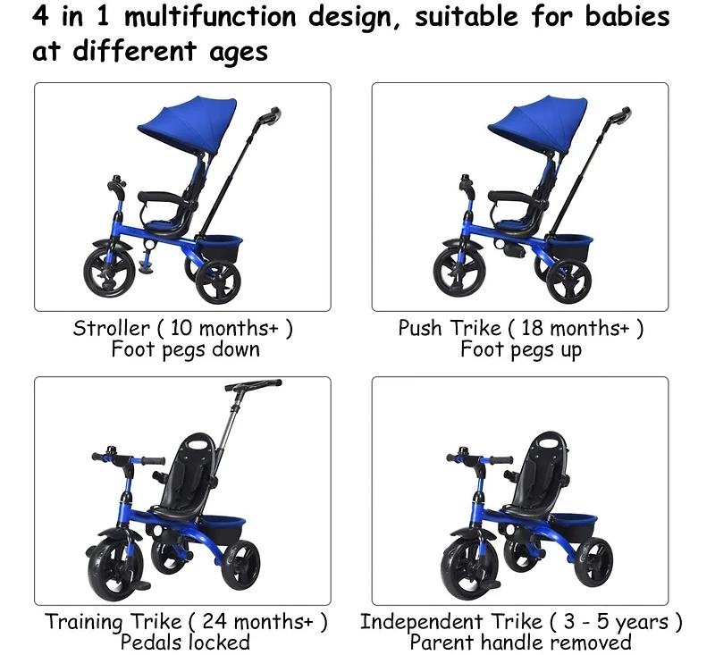 4-in-1 Kids Tricycle with Adjustable Push Handle