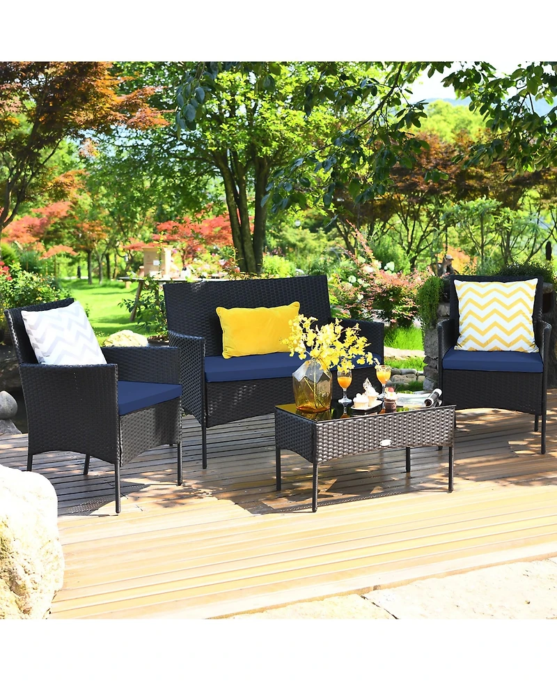 4PCS Patio Wicker Furniture Set Coffee Table Cushions