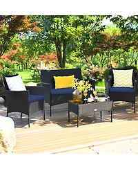 4PCS Patio Wicker Furniture Set Coffee Table Cushions