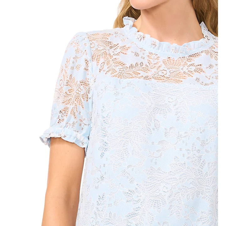 CeCe Women's Ruffle Neck Short Puff Sleeve Blouse
