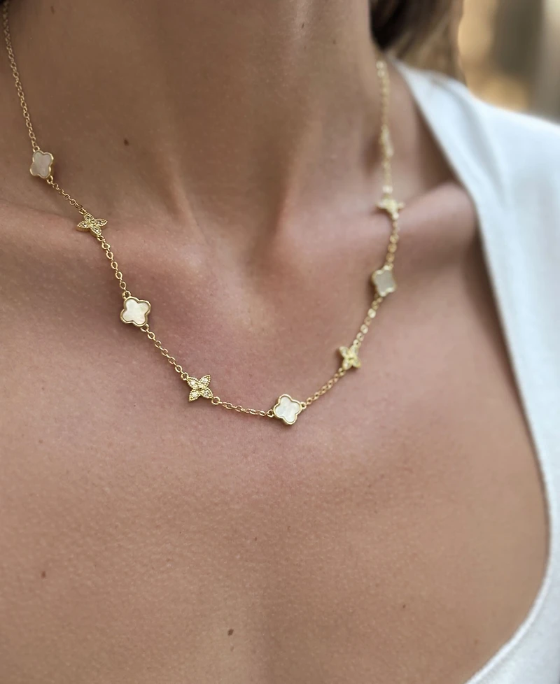 Adornia Gold Adjustable Cubic Zirconia Mother of Pearl Clover Station Necklace