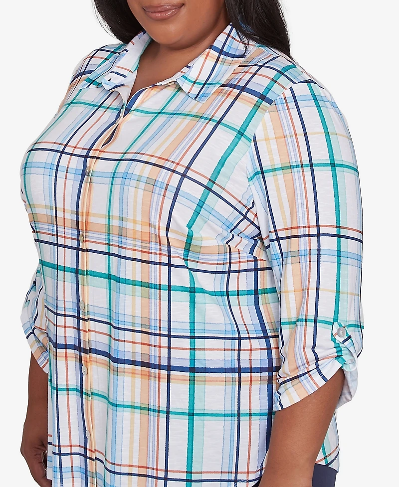Alfred Dunner Plus Size Nantucket Plaid Knit Button Front Collared Top