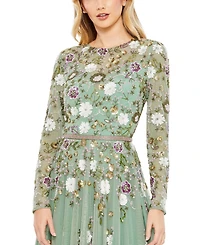 Mac Duggal Women's Sequined Floral Long Sleeve High Neck Midi Dress