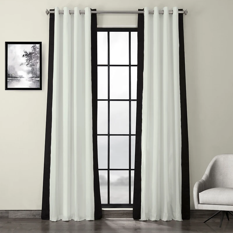 Half Price Drapes Fresh Popcorn & Black Bordered Grommet Vertical Printed Cotton Curtain