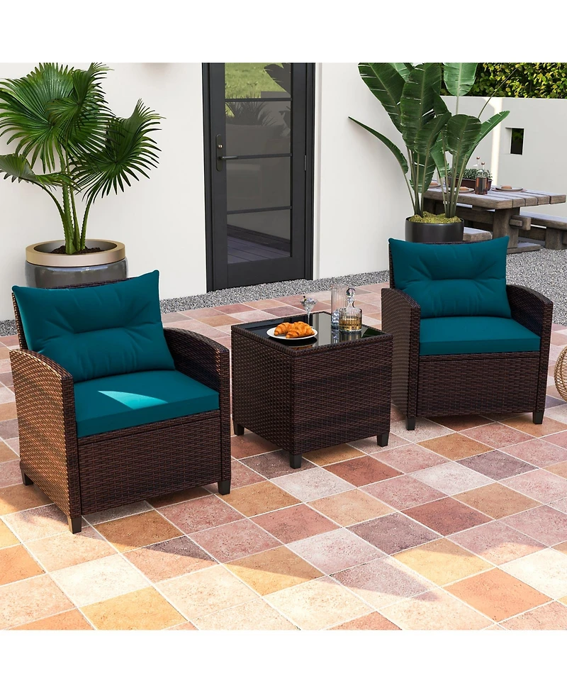 3 Pieces Rattan Patio Furniture Set with Washable Cushion