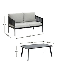 LuxenHome Outdoor Black Steel with Pe Rope Loveseat with Cushions and Coffee Table Set