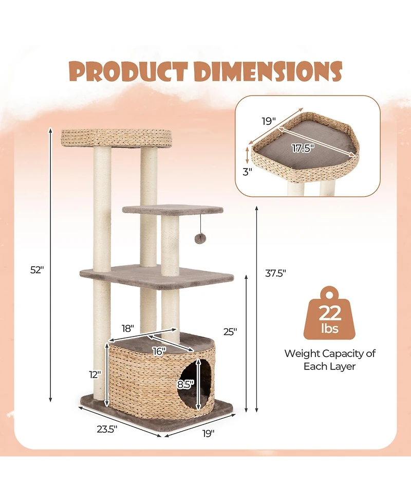 Gymax 52'' Cattail Cat Tower w/ Sisal Scratching Posts Perch Dangling Ball Cat Tree
