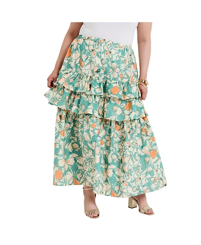June + Vie Women's Poplin Tiered Midi Skirt