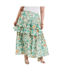 June + Vie Women's Poplin Tiered Midi Skirt