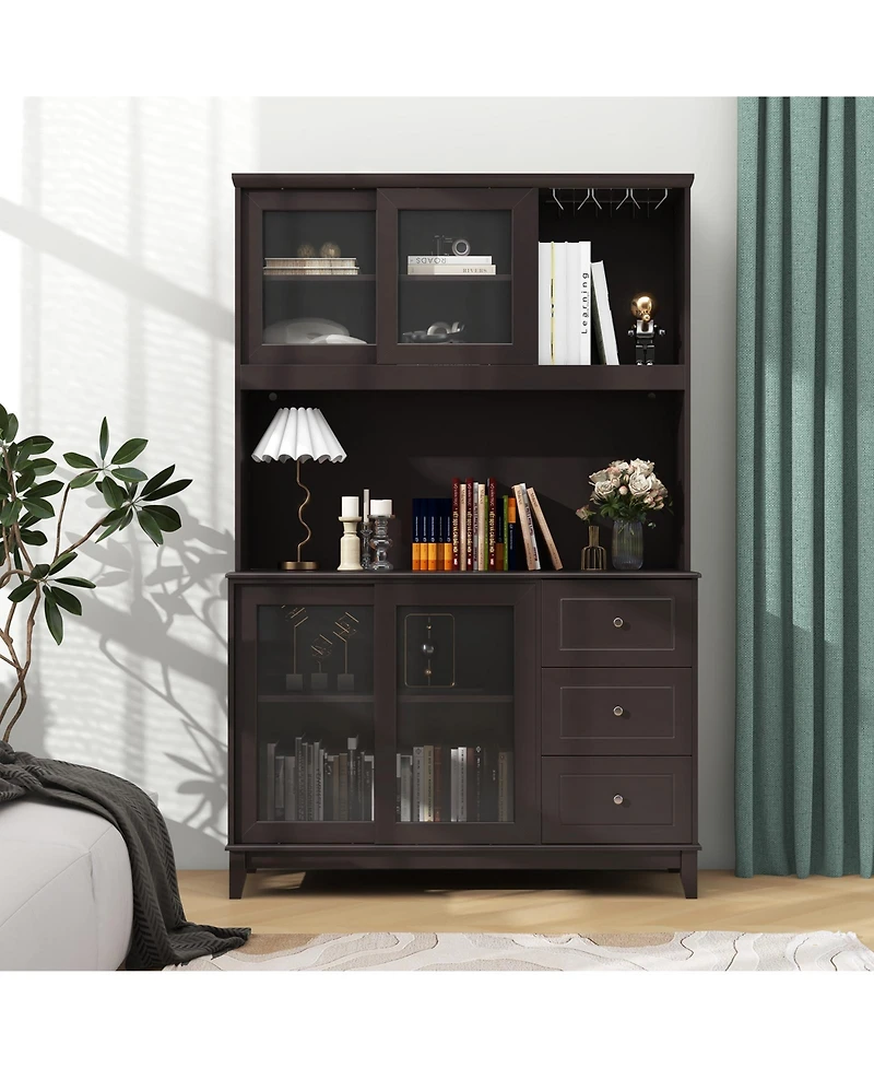 Kitchen Pantry Storage Cabinet Hutch with Led lights and Power Outlet