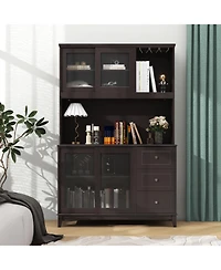 Kitchen Pantry Storage Cabinet Hutch with Led lights and Power Outlet