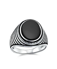 Bling Jewelry Retro Grooved Silver Ring with Black Onyx Square Signet Sterling Band