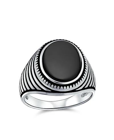 Bling Jewelry Retro Grooved Silver Ring with Black Onyx Square Signet Sterling Band