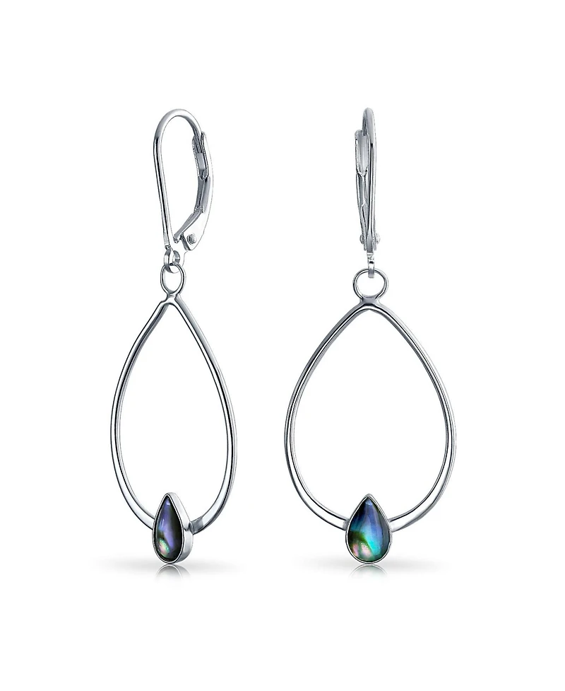 Bling Jewelry Boho Geometric Thin Open Oval Abalone Opal Hoop Dangle Earrings .925 Sterling Silver