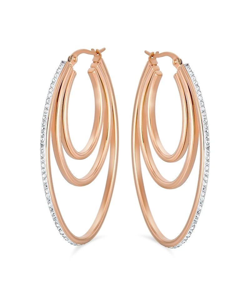 Bling Jewelry Crystal Boho Style Large Hoop Huggie Earrings Rose Silver Tone Stainless Steel