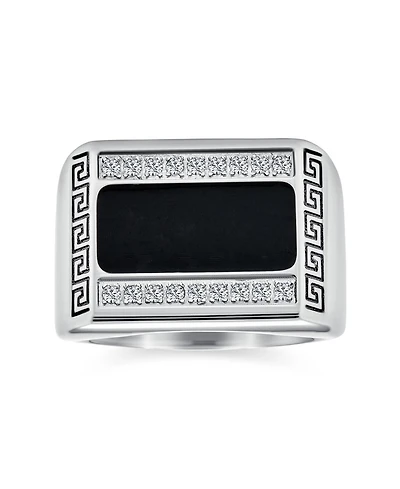 Bling Jewelry Stainless Steel Geometric Greek Cz Accent Black Rectangle Signet Ring Silver Tone