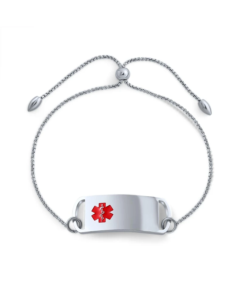 Bling Jewelry Name Style Tag Medical Id Bracelet Silver Tone Stainless Steel Bolo Chain Thin