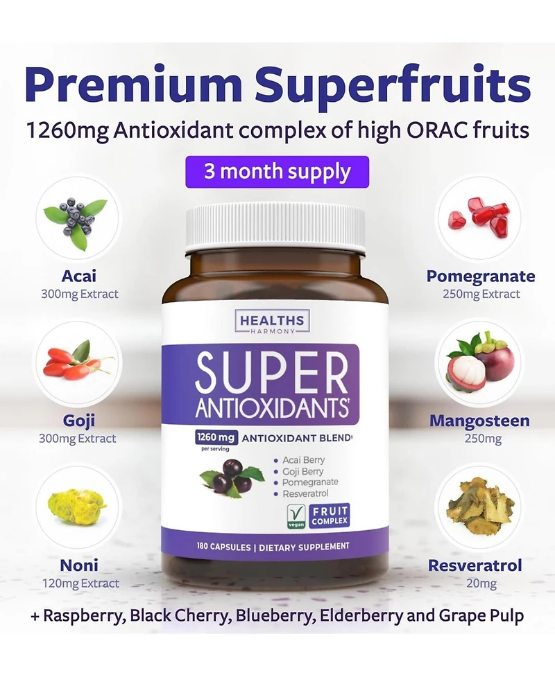 Super Antioxidants Supplement | Acai Berry, Goji, Pomegranate & Trans Resveratrol | Herbal & Fruit Formula for Overall Health, Health's Harmony | 180c