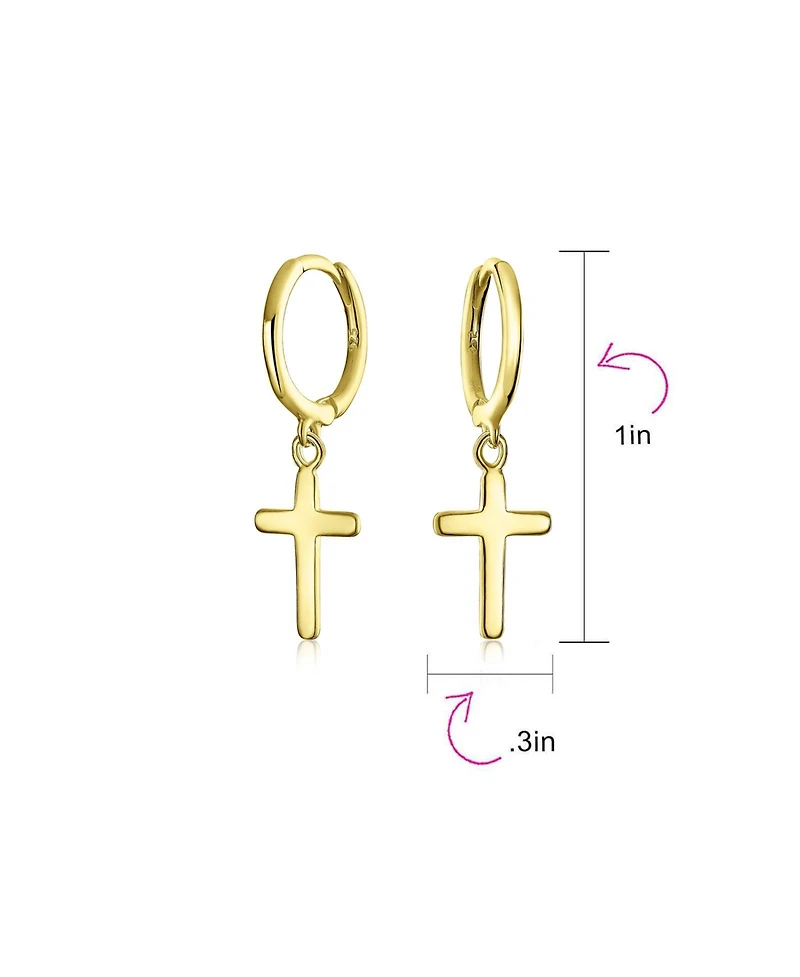 Bling Jewelry Small Religious Cross Dangle Earrings Rose Gold Plated Sterling Silver Huggie