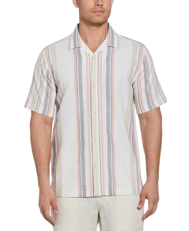 Cubavera Men's Short Sleeve Striped Panel Button-Front Linen Camp Shirt