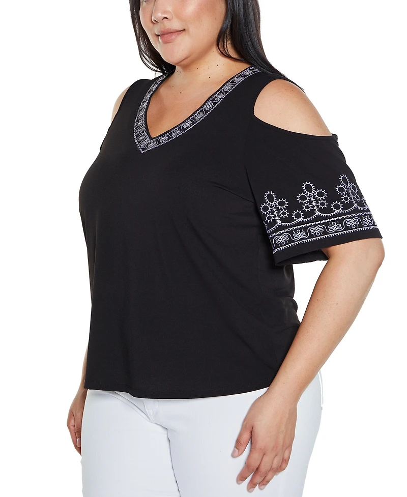 Belldini Plus Black Label Embroidered Cold-Shoulder Knit Top