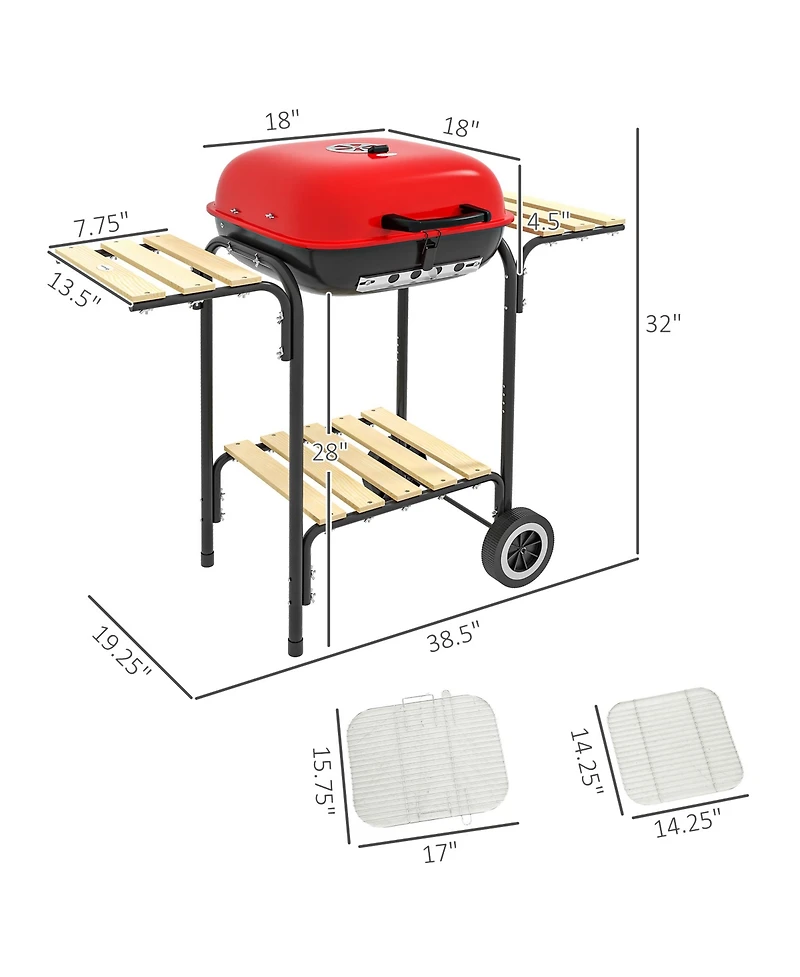 Outsunny Portable Charcoal Grill w/ Wheels Storage, Shelves, 2 Tables,