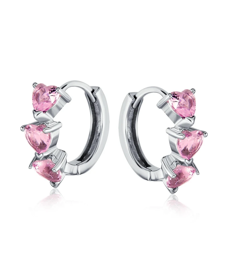 Bling Jewelry Romantic Pink Heart Cz Hoop Earrings Small Huggie Sterling Silver