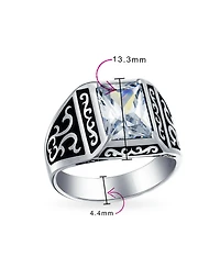 Bling Jewelry Stainless Steel Viking Scroll Ring with Emerald Cut Cubic Zirconia Two Tone Silver